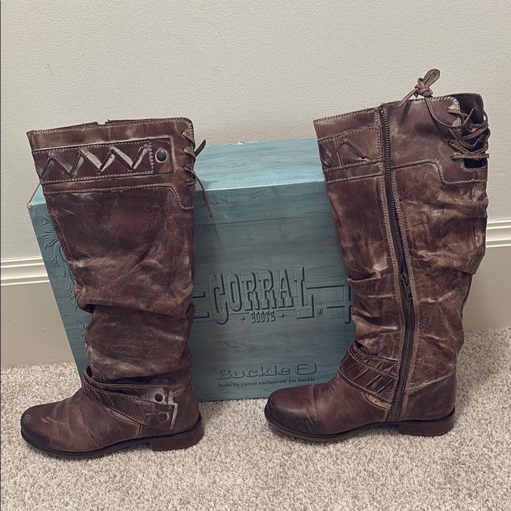 Corral Brown Leather Boots - LD Chocolate Taupe Slouch Lace Tall Top